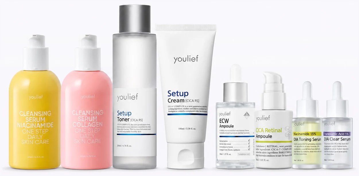 The eight Youlief formulas — two cleansing serums, Setup Toner and Setup Cream, and four ampoules and serums